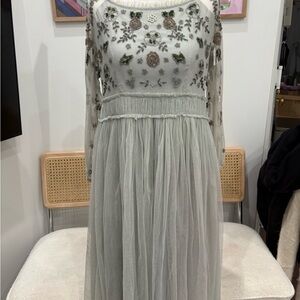 Embroidered Mesh Long-Sleeve Midi Dress in Light Sage